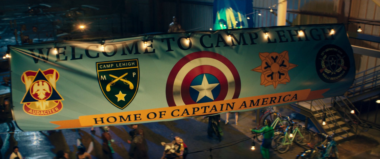 AvengerCon banner hanging over exterior of Camp Lehigh.