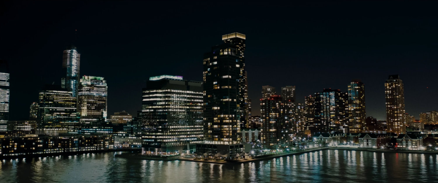 Nighttime aerial view of Jersey City.