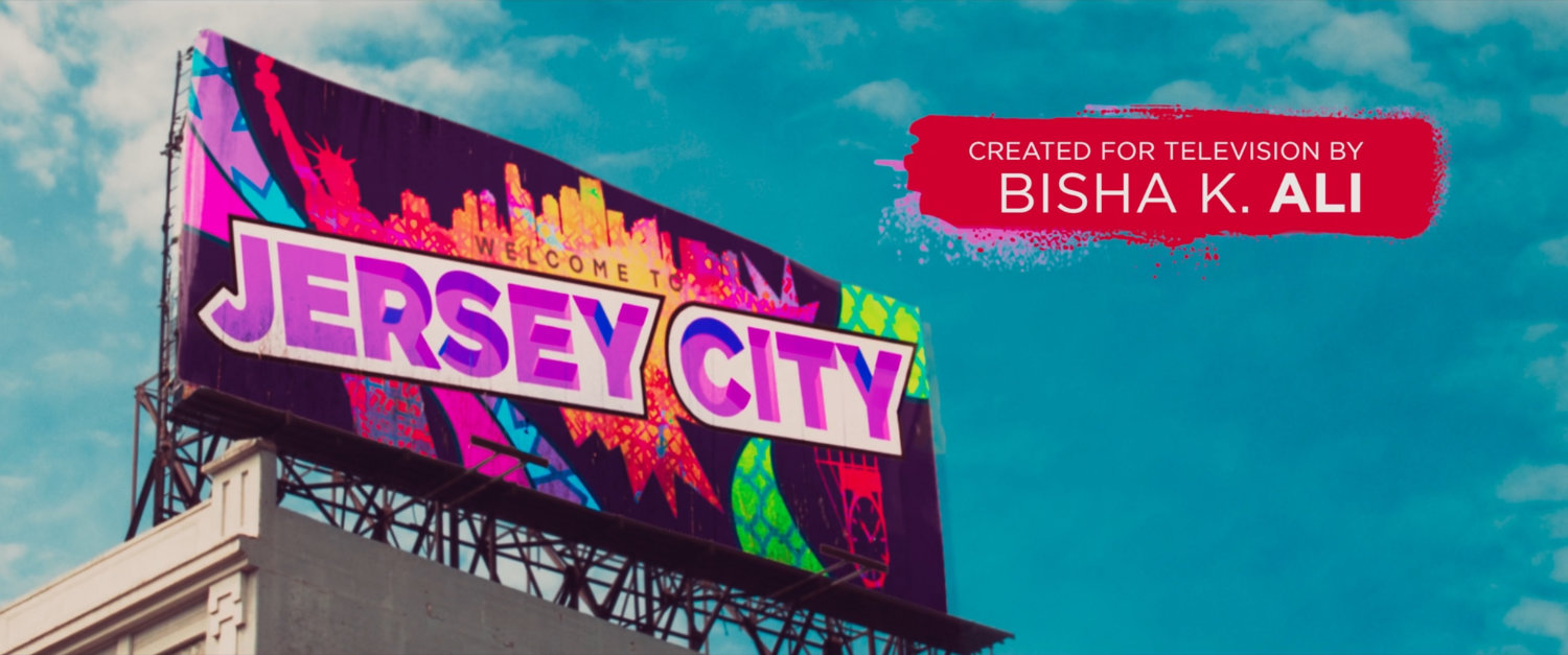 Ms Marvel end credit screen: Welcome to Jersey City Billboard (Text: Created for Television by Bisha K Ali)