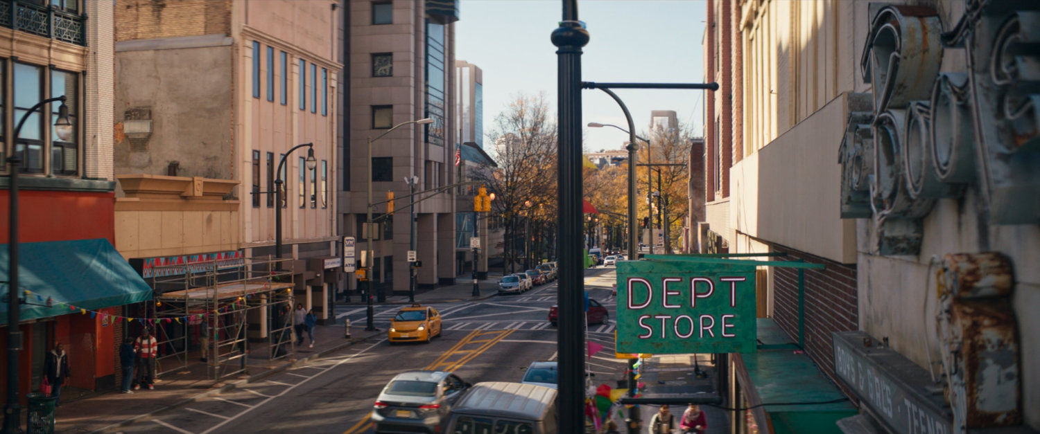 High angle of Department Store sign in shopping district.