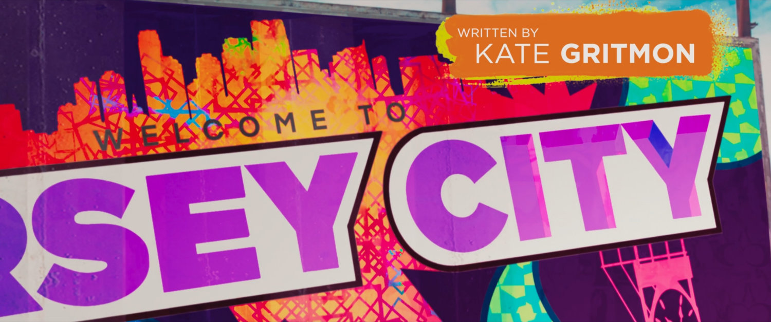 Ms Marvel end credit screen: Welcome to Jersey City Billboard closeup (Text: Written by Kate Gritmon)