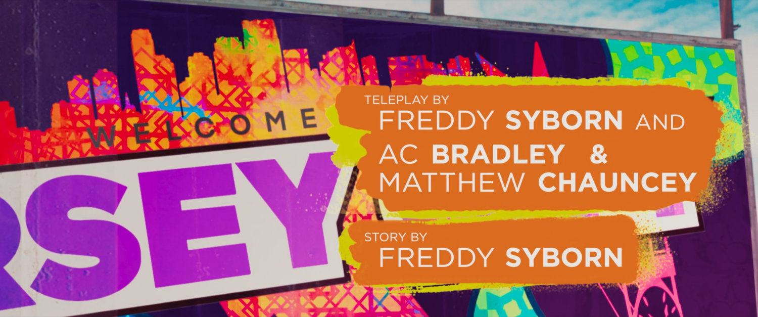 Ms Marvel end credit screen: Welcome to Jersey City Billboard closeup (Text: Teleplay by Freddy Syborn and AC Bradley & Matthew Chauncey / Story by Freddy Syborn)