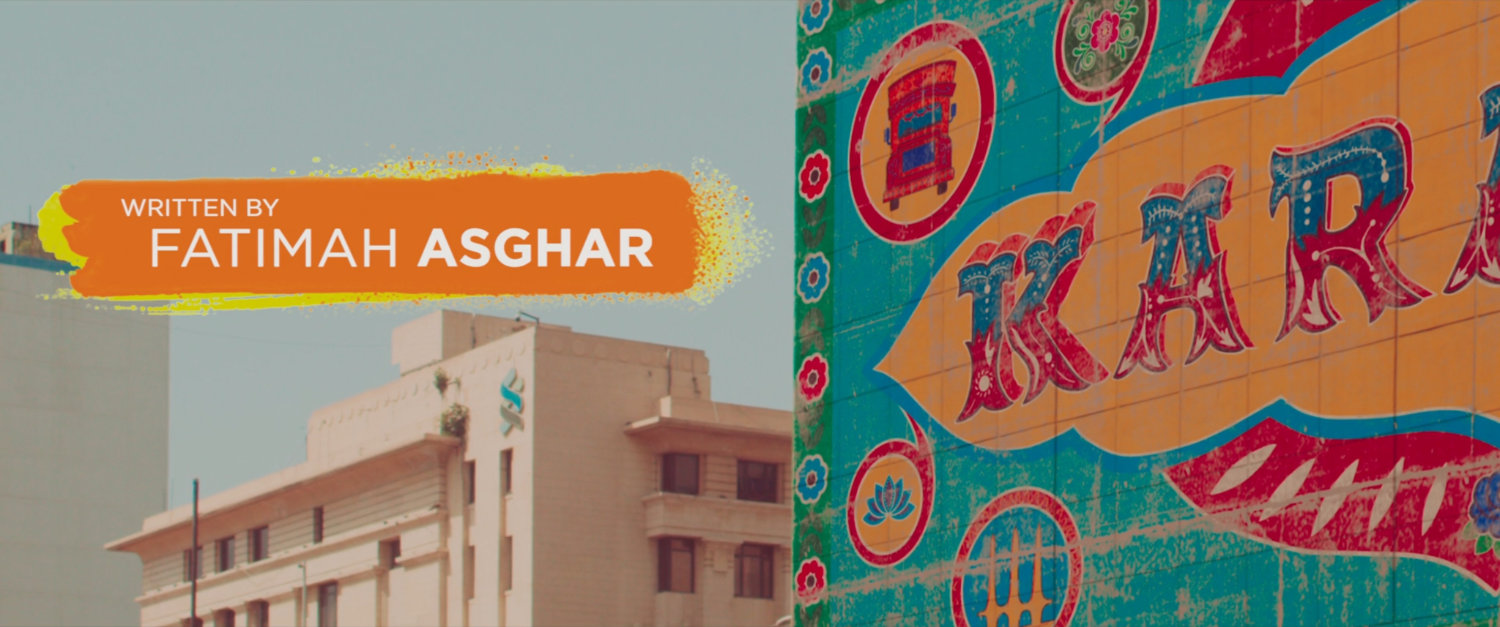 Ms Marvel end credit screen: Welcome to Karachi Billboard closeup (Text: Written by Fatimah Asghar)