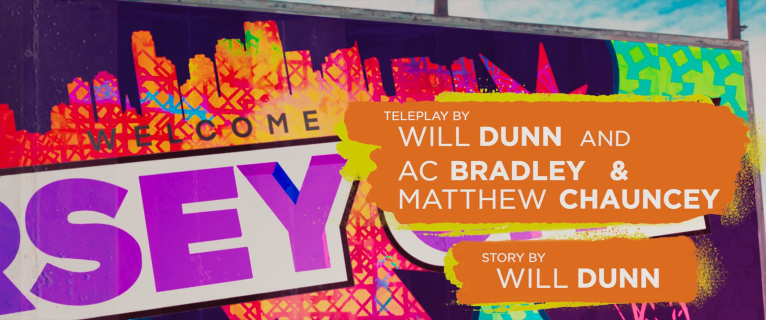 Ms Marvel end credit screen: Welcome to Jersey City Billboard closeup (Text: Teleplay by Will Dunn and AC Bradley & Matthew Chauncey / Story by Will Dunn)