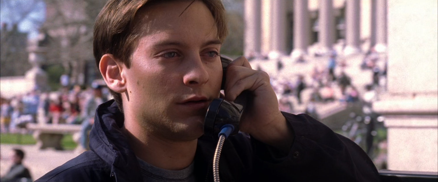 Peter Parker on pay phone at Columbia University.