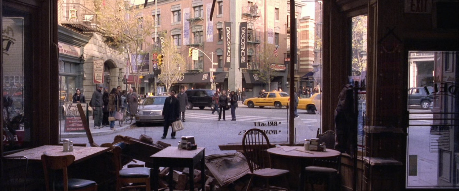 View from cafe window into street.