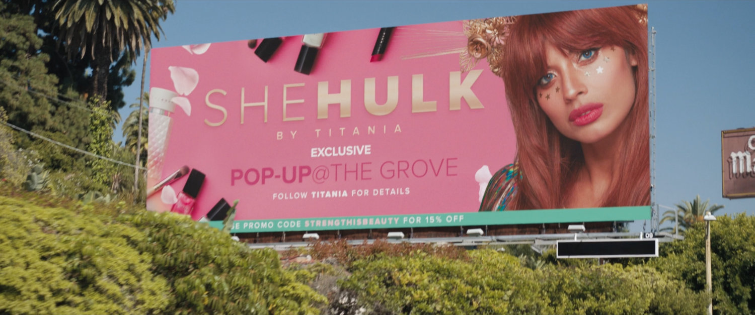 A billboard for "She-Hulk by Titania" outside the Chateau Marmont.