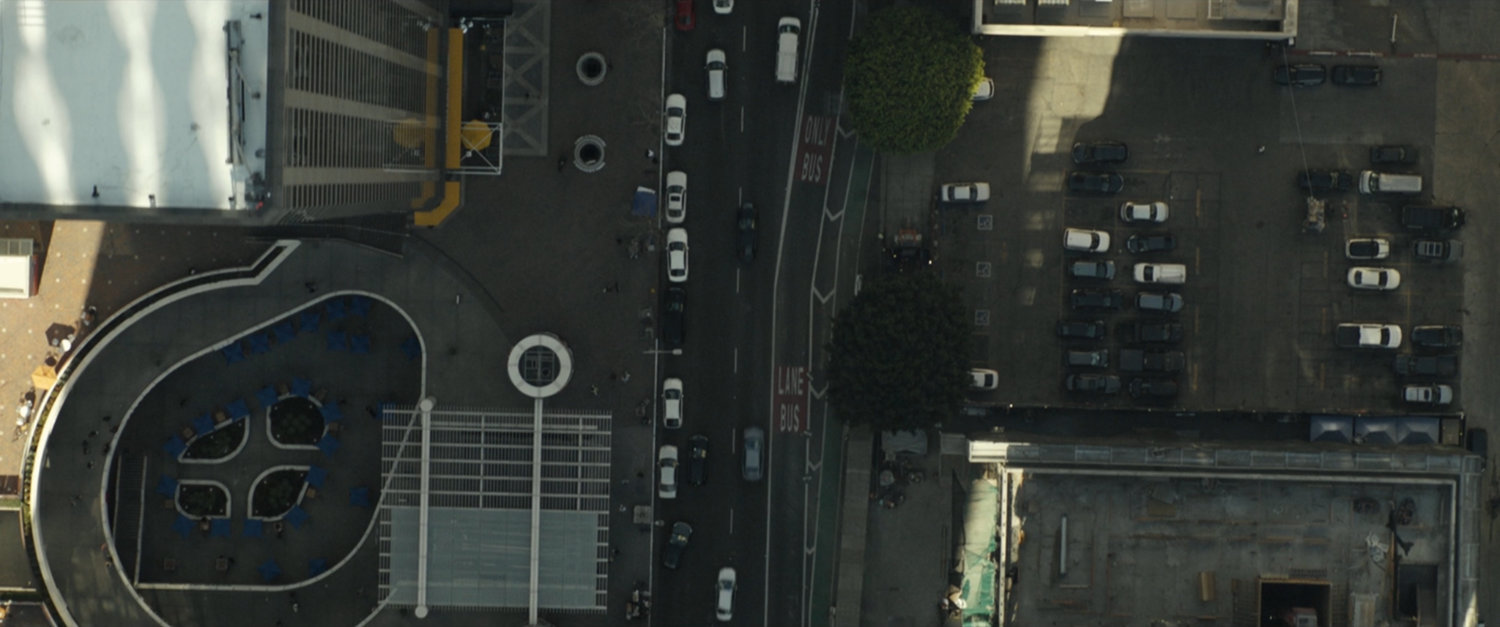 Aerial view of Figueroa Ave near 7th Street in Los Angeles.
