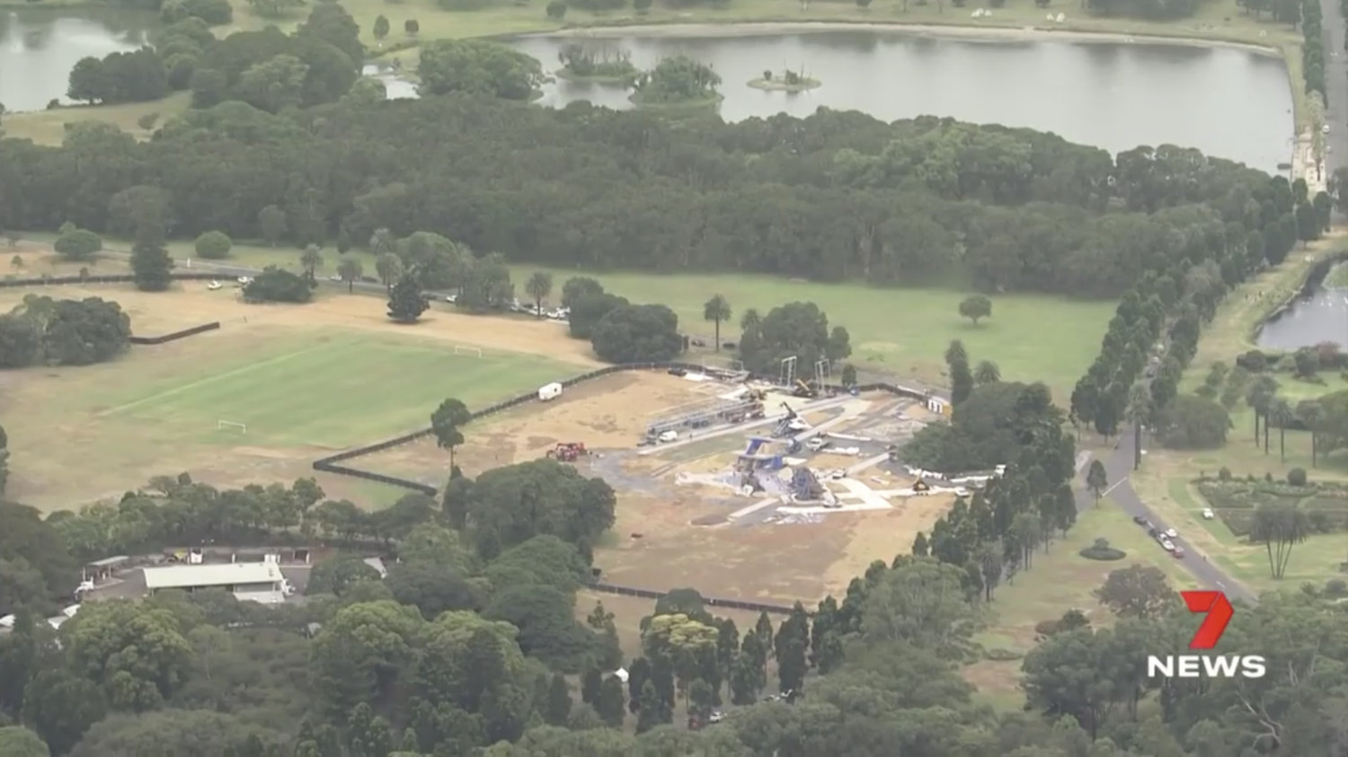 Behind the scenes shot from a helicopter of the construction of the Indigarr set.