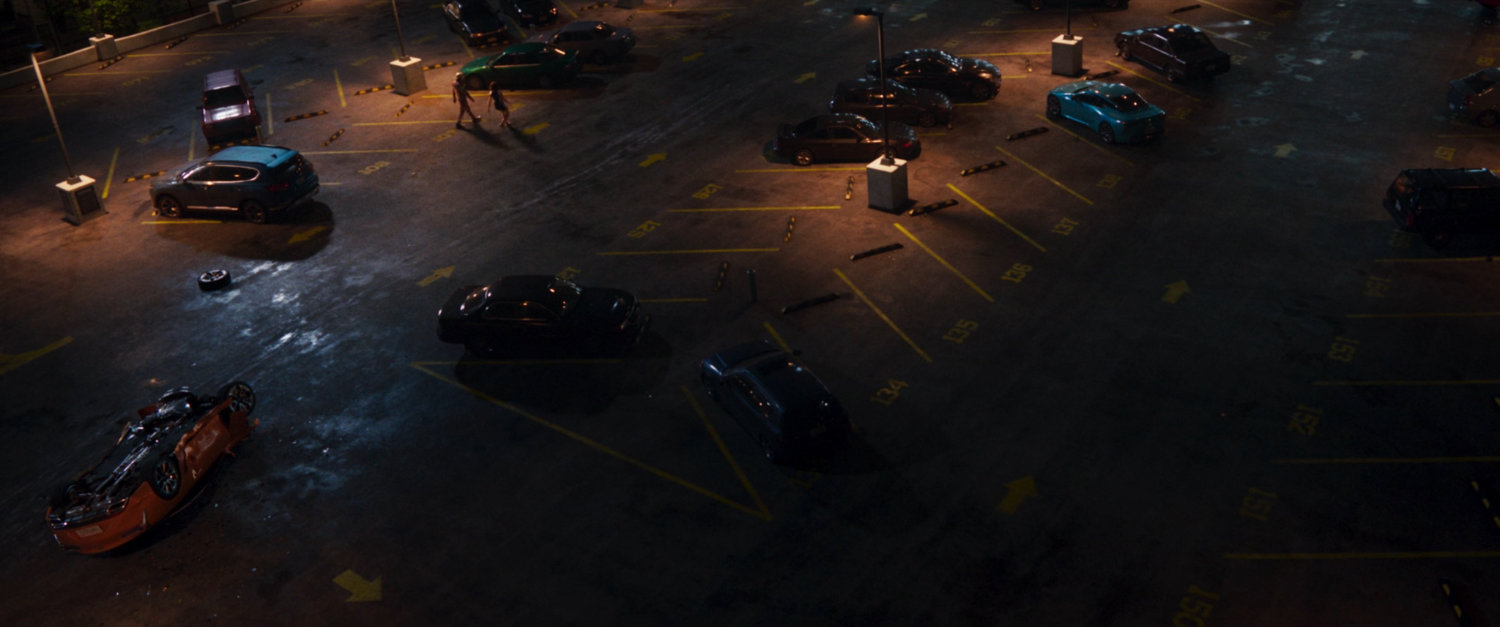 Bird's eye view of a parking lot.