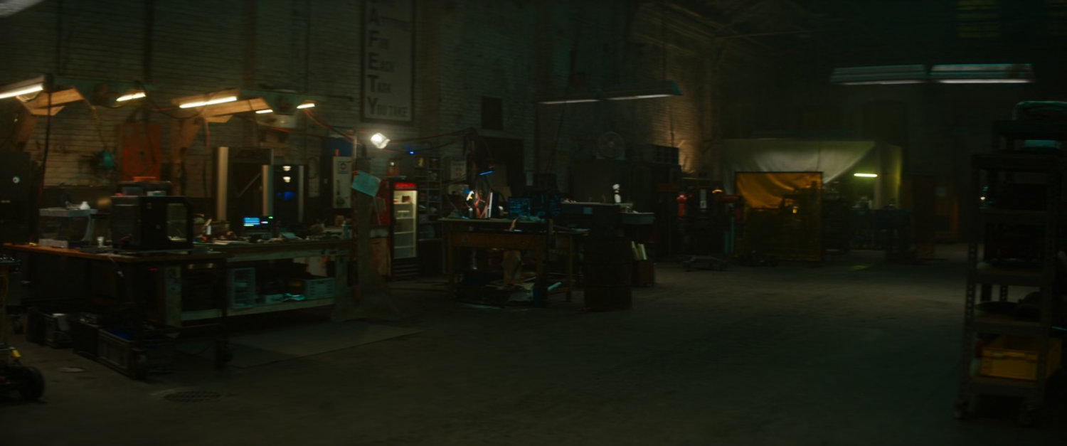 Interior of Boston warehouse at night.