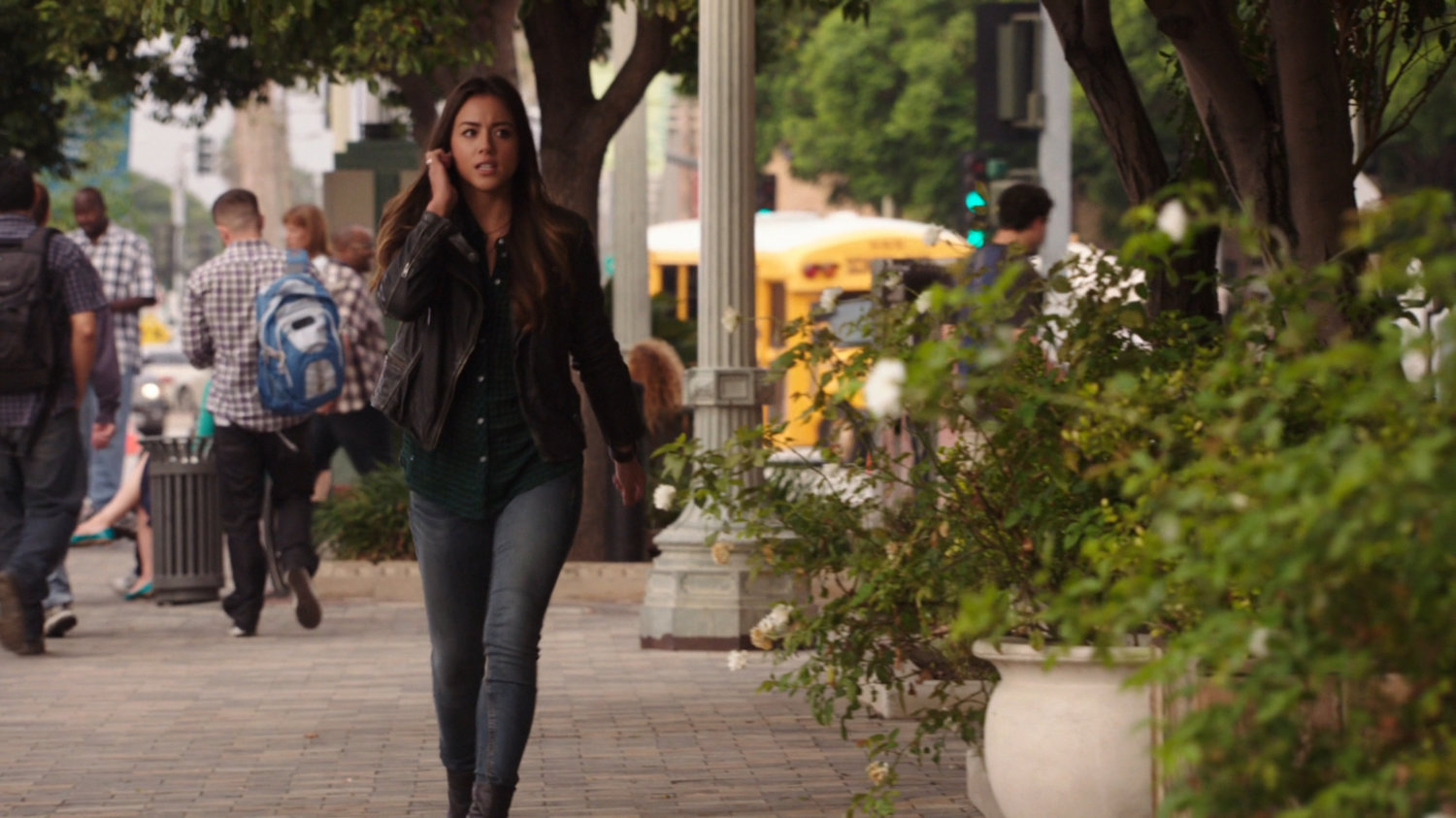 Skye walking on an Austin sidewalk.