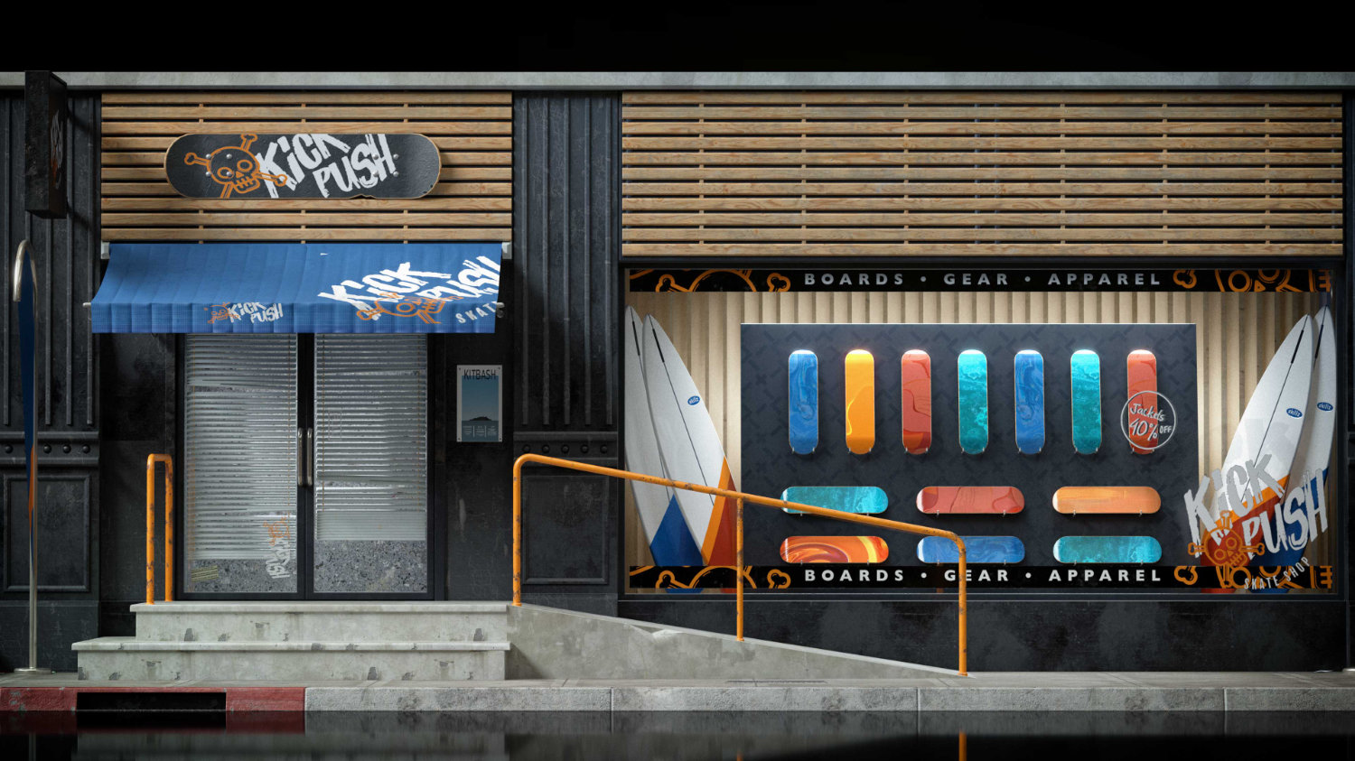 3D asset of Kick Push skate shop.