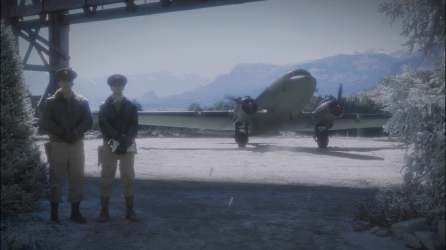 Airplane and soldiers in snowy field in Belarus.