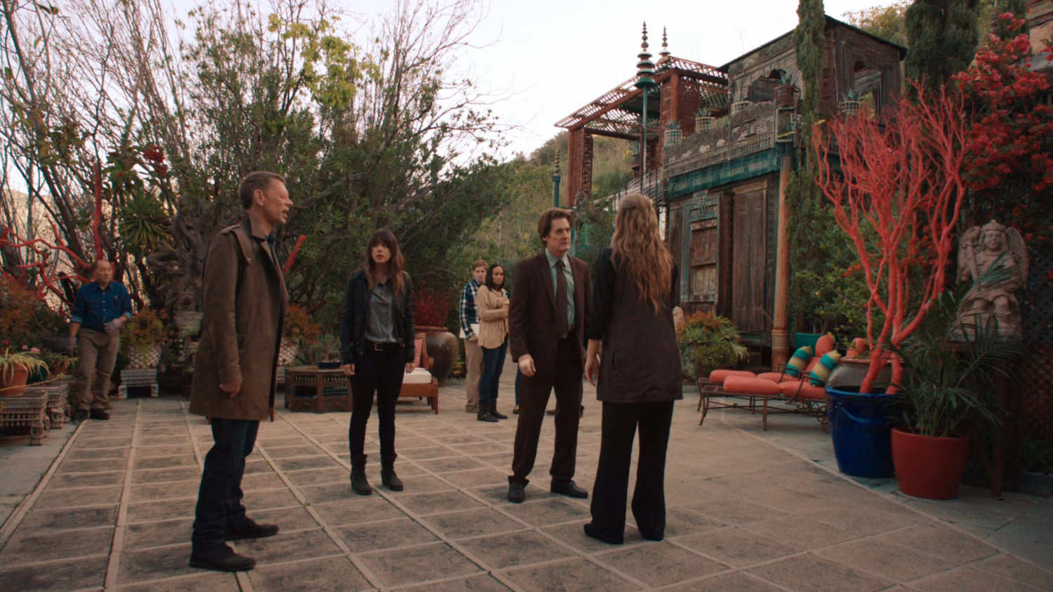 Gordon, Skye, Cal, and Jiaying in Afterlife courtyard.