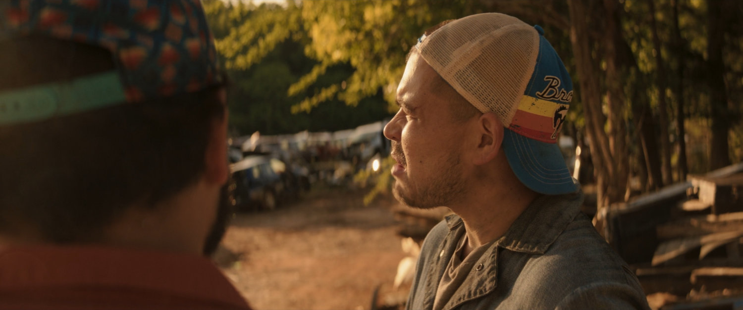 Woody surveys a salvage yard of abandoned cars.