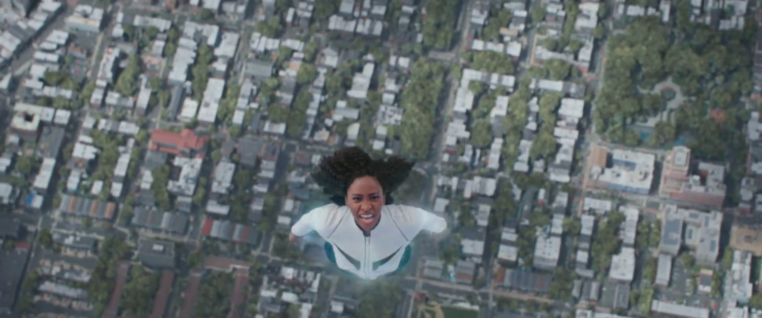 Monica flying above Jersey City.