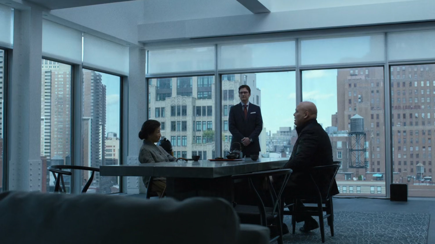 Madame Gao, Wesley and Wilson Fisk inside his penthouse.
