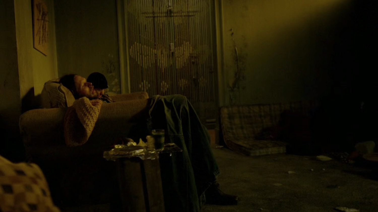 Interior of junkie's apartment.