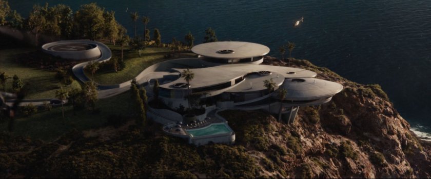 Aerial view of Tonk Stark's house on a cliff in Malibu.