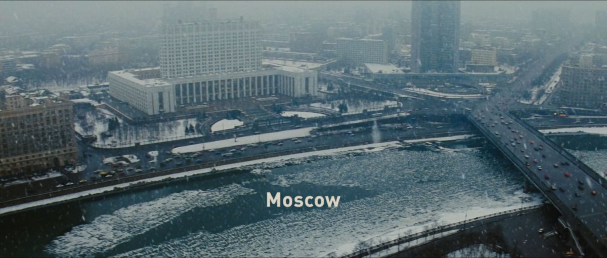 A snowy and icy aerial view of Moscow. Text: Moscow.