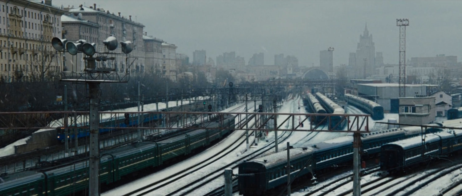 A snowy view of the Kazansky Railway station in Moscow.