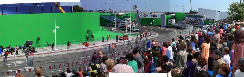 Behind the scenes image of the race track set built outside Downey Studios.