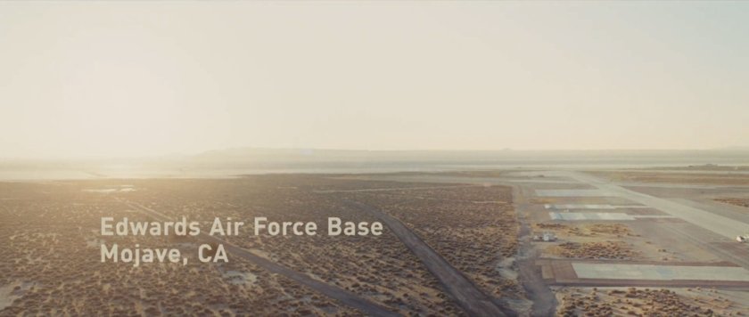 Aerial view of Edwards Air Force Base, with text reading the same.