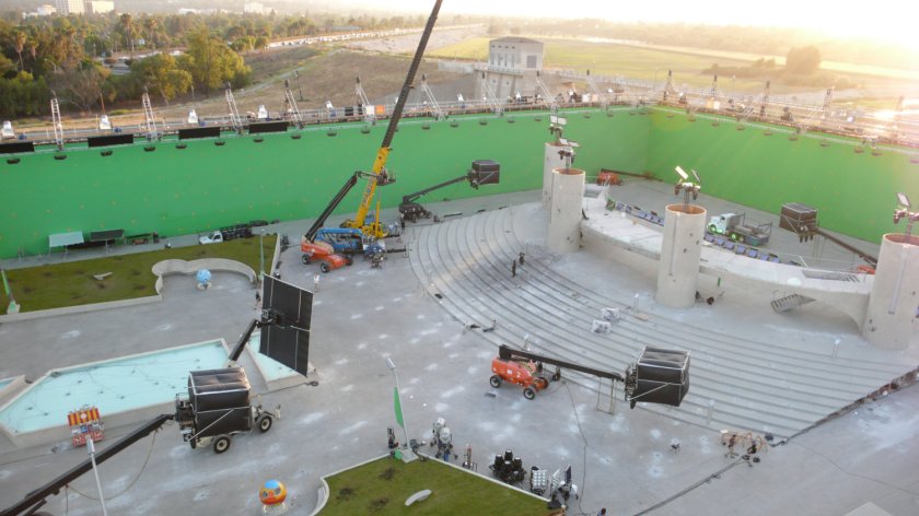 Behind the scenes image of Stark Expo exterior set being created at the Sepulveda Dam.