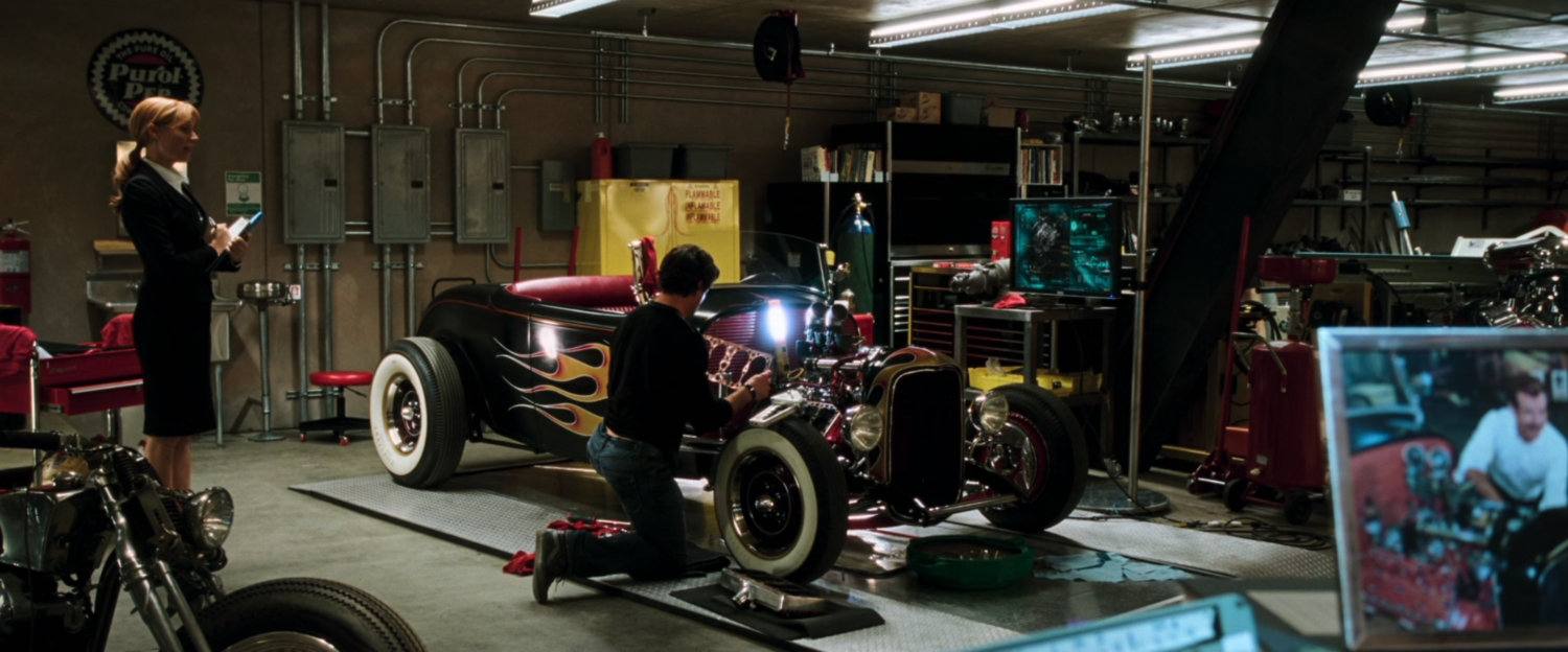 Interior of Tony Stark's house, specifically the workshop.