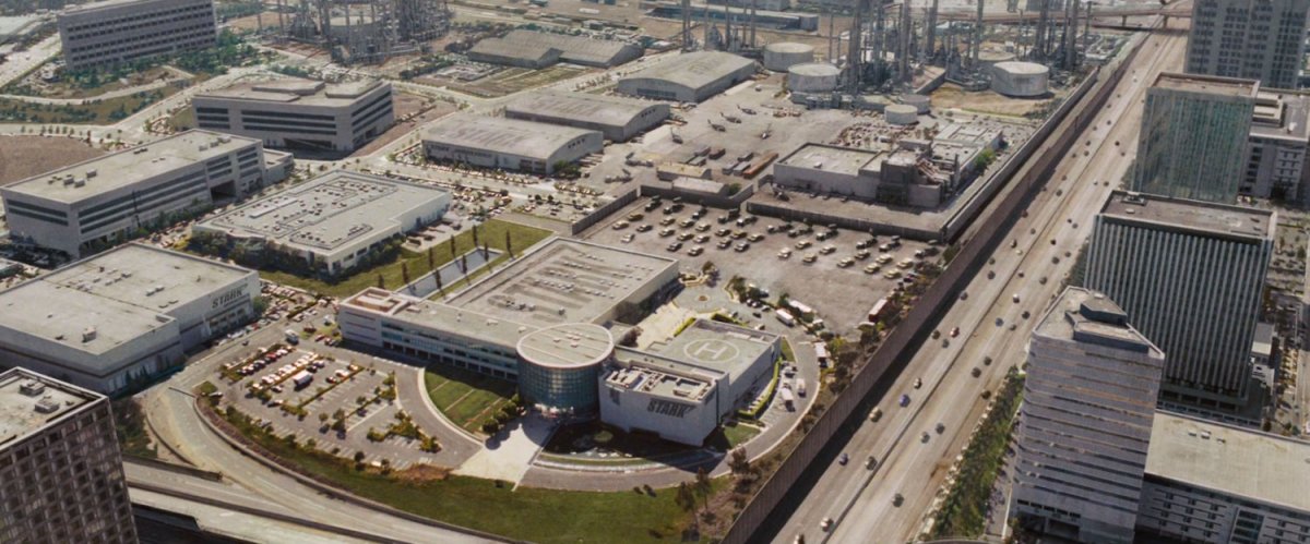 Aerial view of the Stark Industries plant in Long Beach.