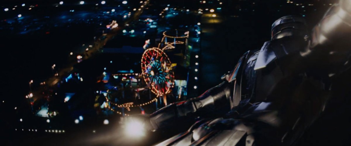 Aerial view of Iron Man and the ferris wheel at the Santa Monica pier.