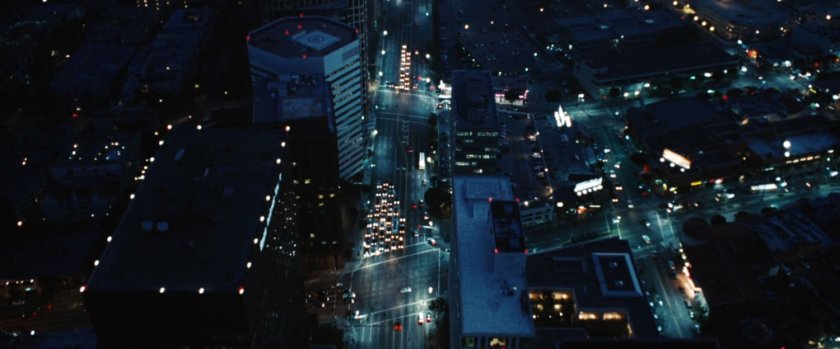 Aerial view of Los Angeles at dusk.