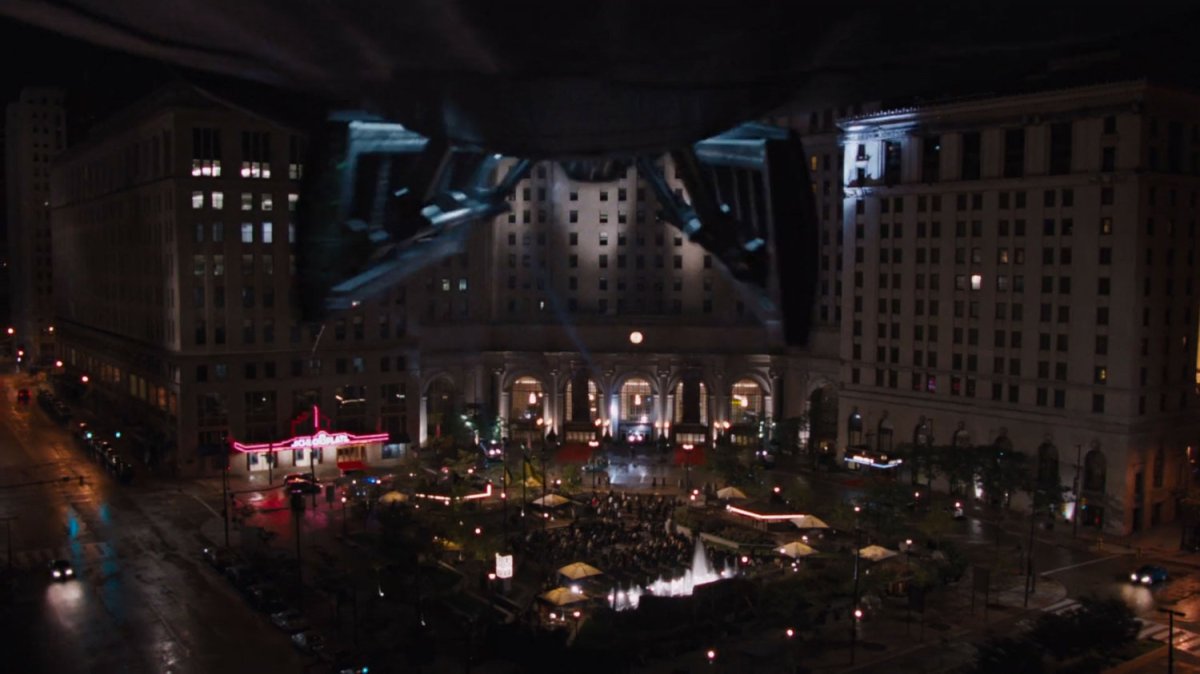 Nighttime aerial view of German Square.