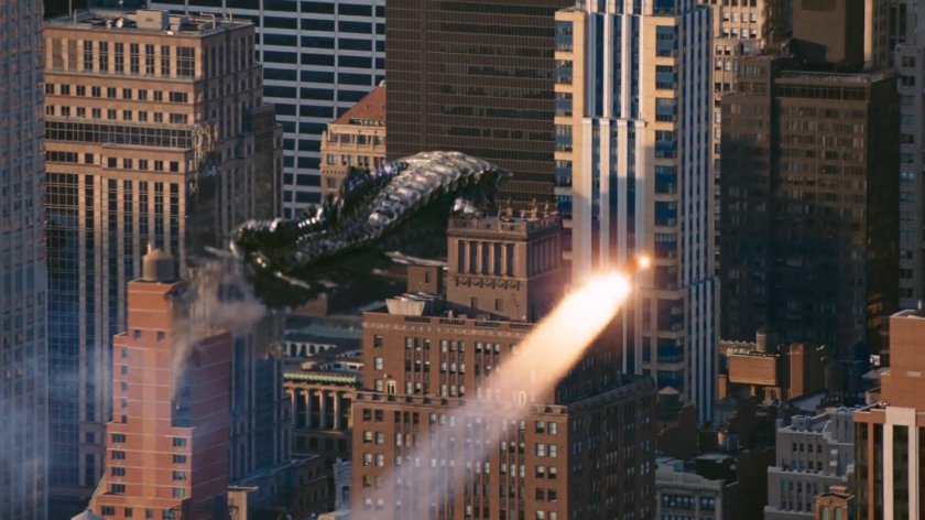 A leviathan flying in between New York skyscrapers.