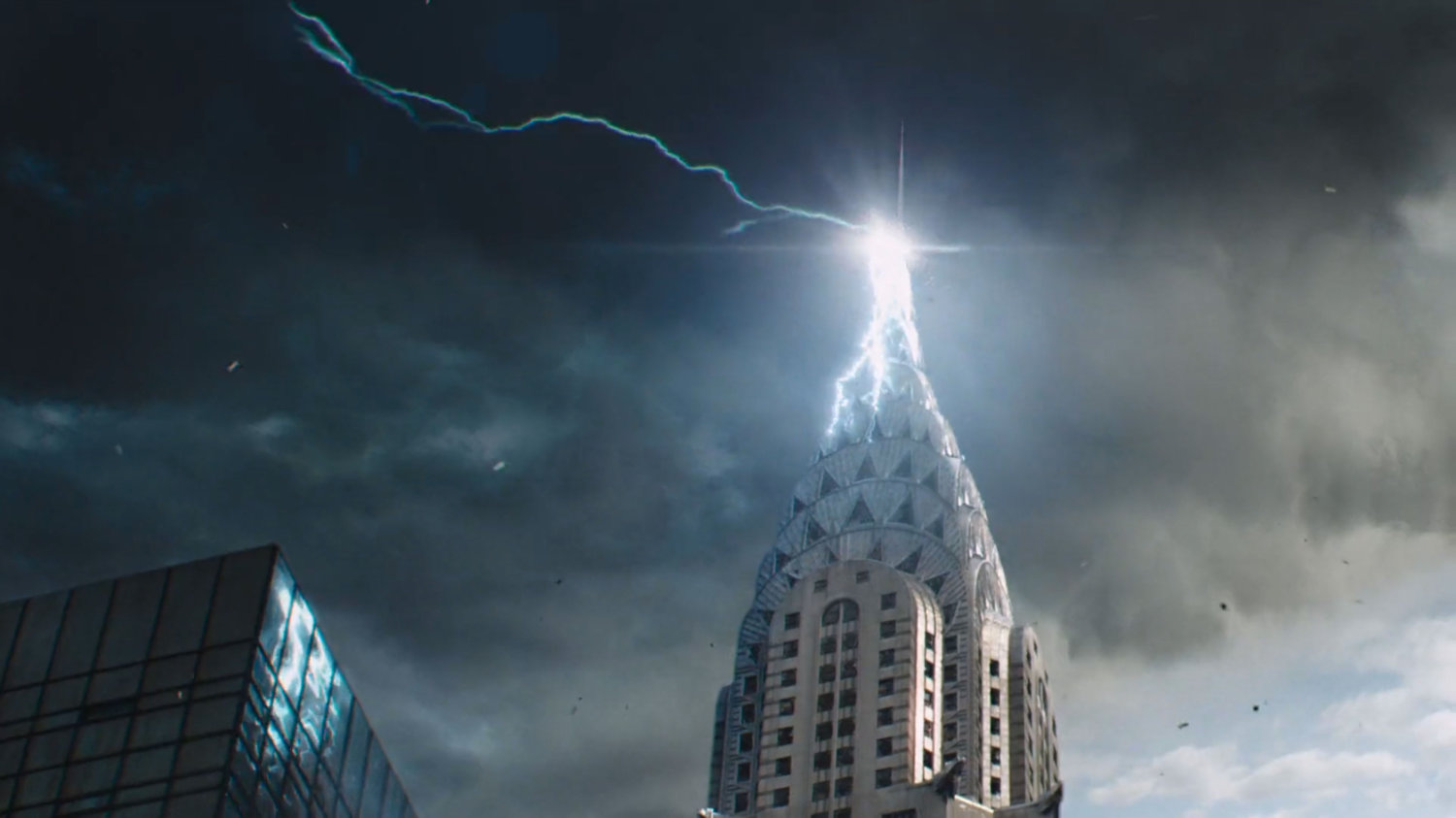 Lightning striking the top of the Chrysler Building.