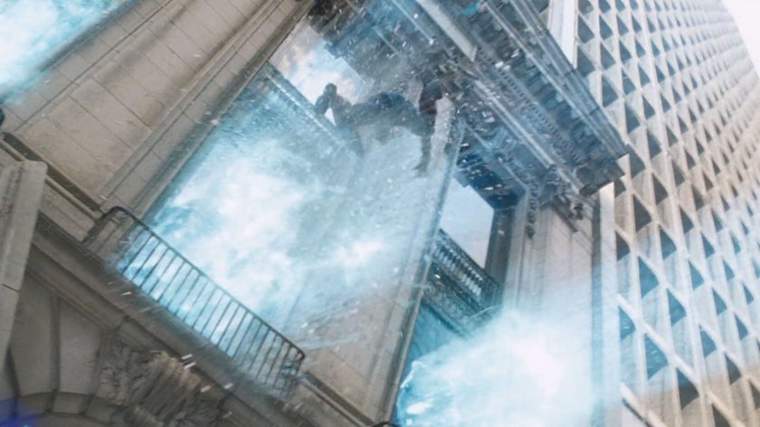 Captain America is blown out a window by the force of an explosion.