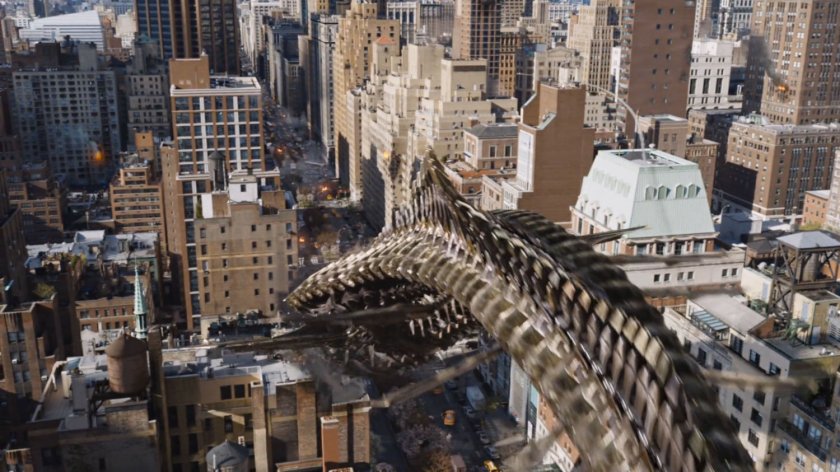 An arching leviathan flying over New York buildings.