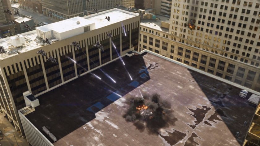 Aerial view of rooftop where the Hulk is getting attacked by Chitauri soldiers.