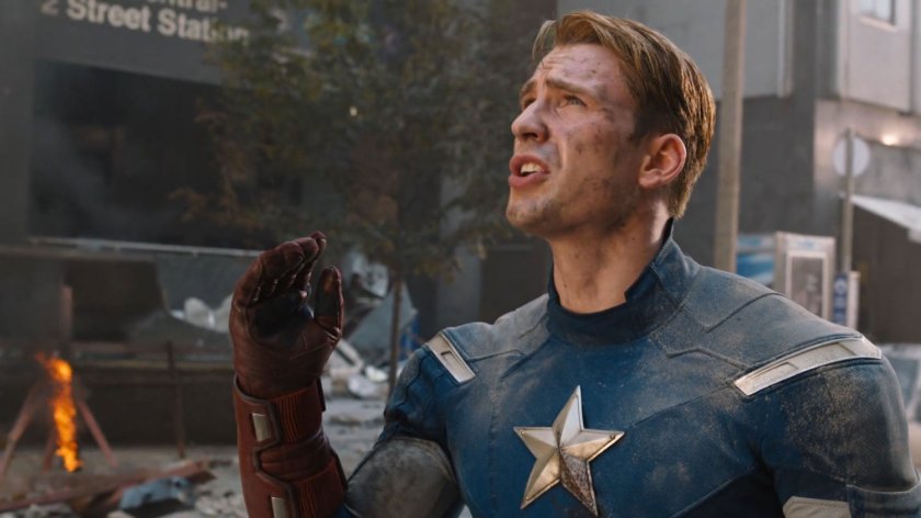 Captain America looking into the sky.