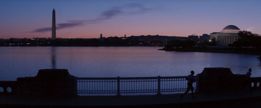 Sunrise at the tidal basin, with the Washington Monument and Jefferson Memorial in the distance.