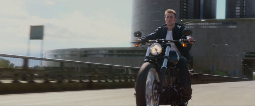 Steve Rogers on a motorcycle outside The Triskelion.