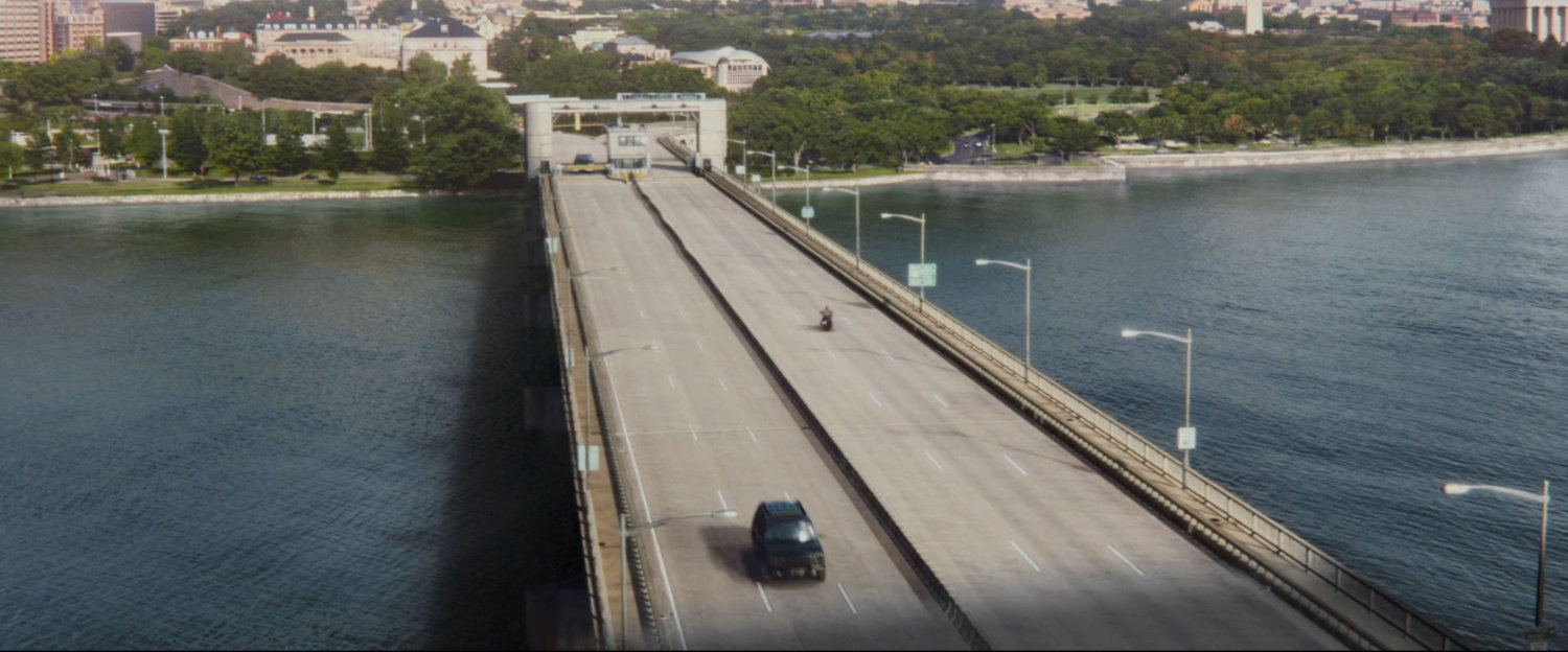 Aerial view of bridge across the Potomac.