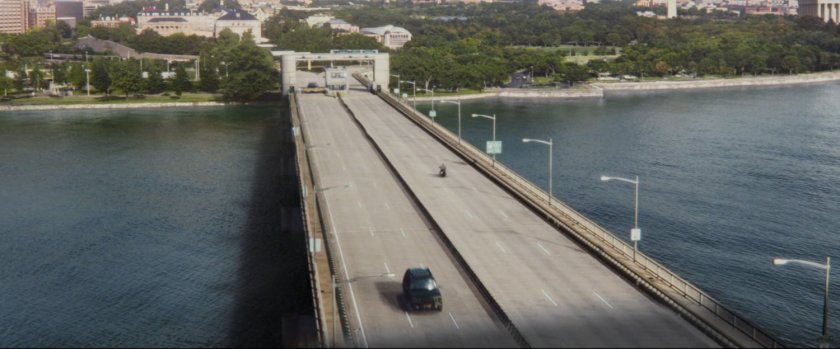 Aerial view of bridge across the Potomac.