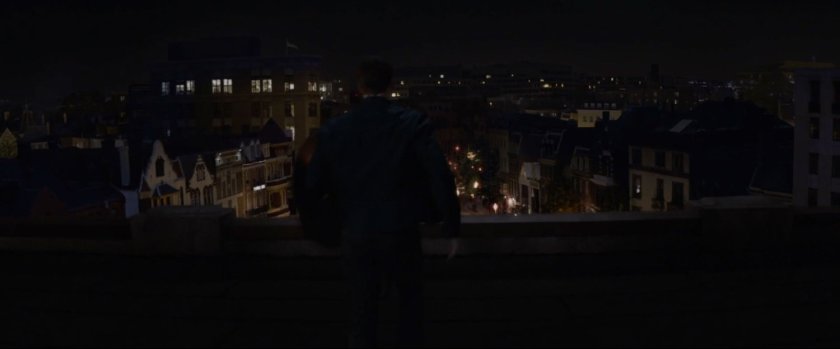 Nighttime shot of silhouetted figure on rooftop looking over Washington DC neighborhood.