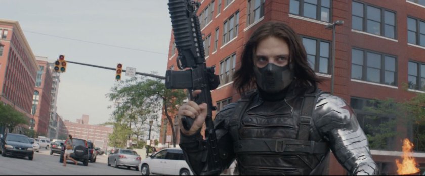 The Winter Soldier in front of a building.