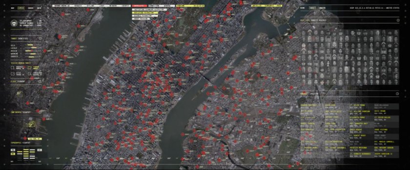 In universe satellite view of Avengers Tower and New York City, marking project Insight targets.