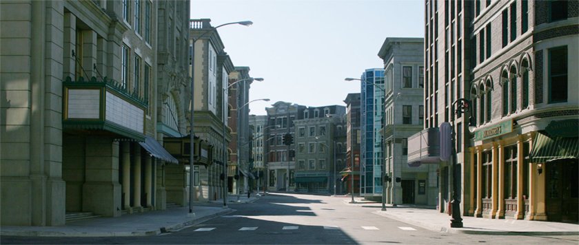 Behind the scenes photo of the New York backlot street at Universal Studios.