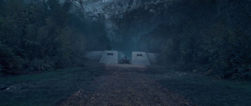 A concrete bunker with a tank in the woods.