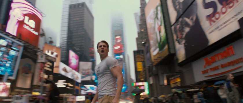 Steve Rogers in a modern Times Square.